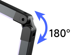 Technical illustration showing a 180-degree rotation movement of a black mechanical or hardware component with blue directional arrow.