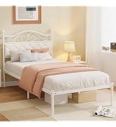 Elephance Twin Bed Frame with Upholstered Headboard Metal Platform Bed with 11.2 Inchs Storage Sp...