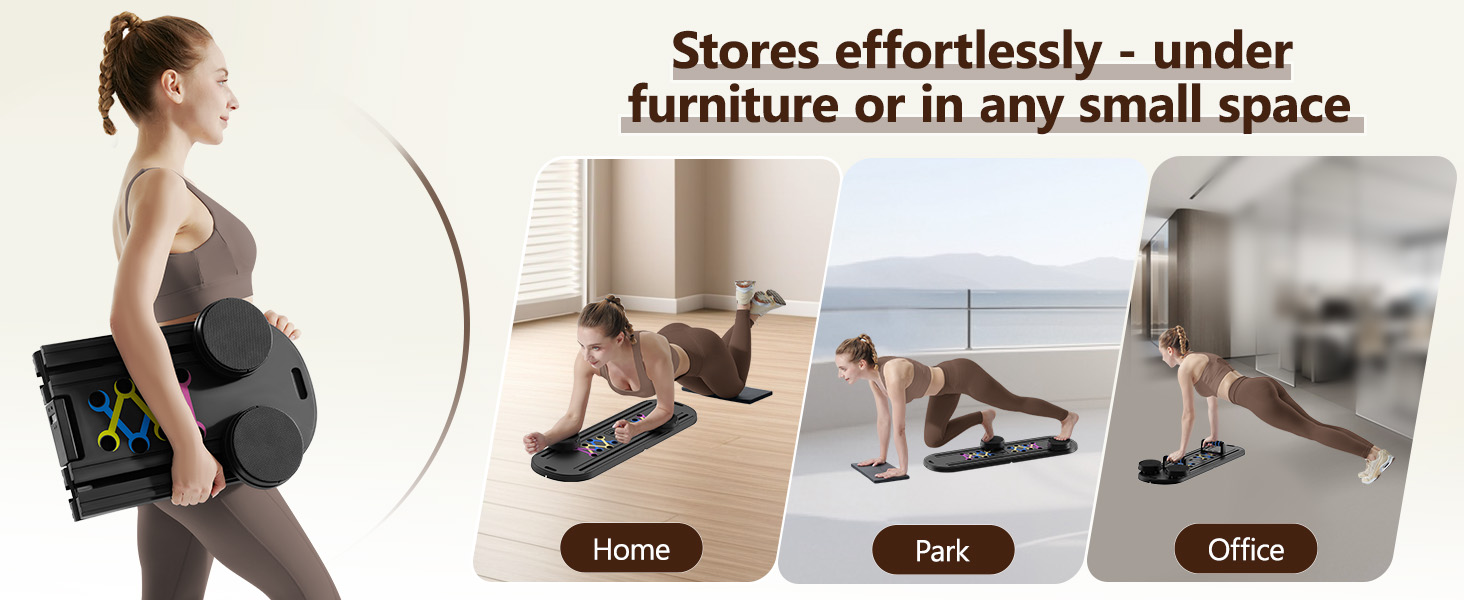 Portable DQI pilates board for home, park and office workouts with easy storage design.