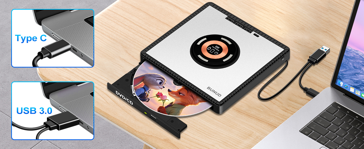 plug play external cd drive fast charging read/write usb 3.0 usb c portable