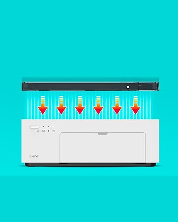 White rectangular device with six red downward-pointing arrows above it, displayed against a teal background. Device appears to be an electronic appliance.