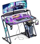 MOTPK Gaming Desk with Power Outlet &amp; LED Lights, Gaming Computer Desk 39inch with PC Storage She...