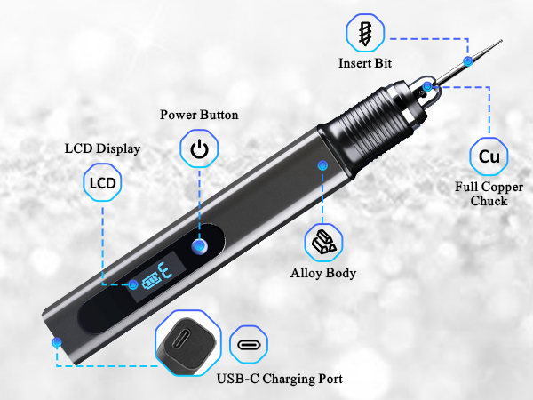 Cordless precision screwdriver with LCD display, power button, USB-C charging port, alloy body, and full copper chuck. Features labeled include insert bit and power button.