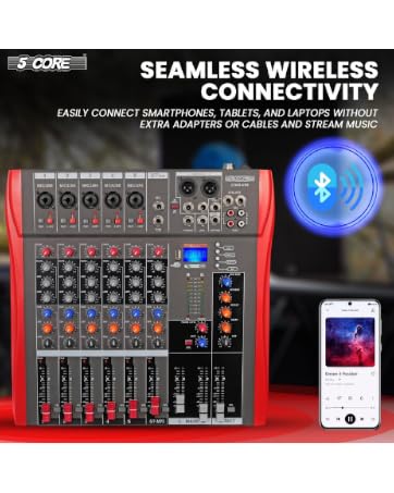 5 Core 4 Channel Audio Mixer with Bluetooth DJ Sound Controller XLR Microphone Studio Soundboard w +...