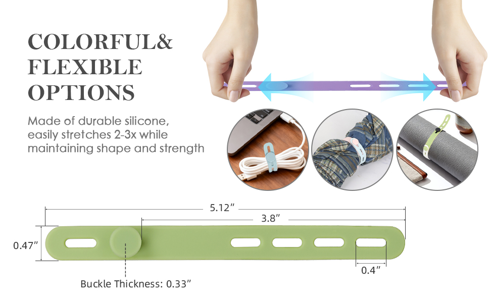 Stretchy (2-3x) Silicone Cable Ties (5.12”x0.47”) in Multiple Colors