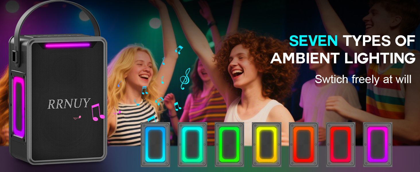 Text reads 'SEVEN TYPES OF AMBIENT LIGHTING'. Series of colorful ambient lighting scenes showing different room illumination styles.