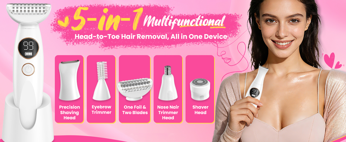 5-in-1 Bikini Trimmer for Women, Lady Electric Razor Shaver Facial &amp;amp; Pubic Hair Trimmer