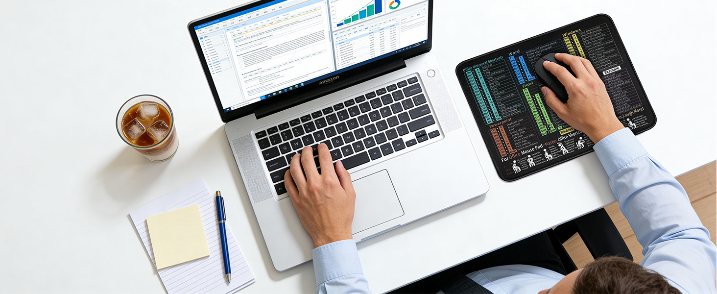 Multiple views of desktop workspaces showing laptops, computer screens, and hands typing on keyboards in modern office settings.