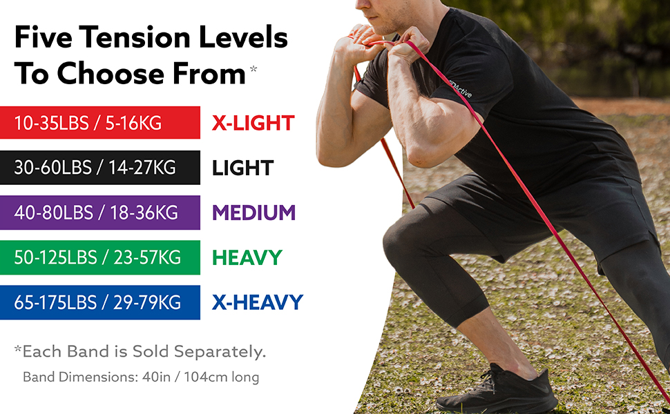 Five tension levels to choose from. Extra Light to Extra Heavy. Each band sold separately.