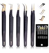 5 Pcs Fiber-Tip Japanese Steel Lash Tweezer Set with Leather Case, Professional Eyelash Tweezers ...