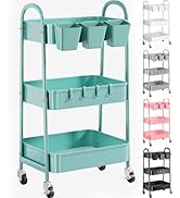 3 Tier Turquoise Metal Mesh Rolling Cart, Storage Cart with Handle and Lockable Wheels, Multifunc...