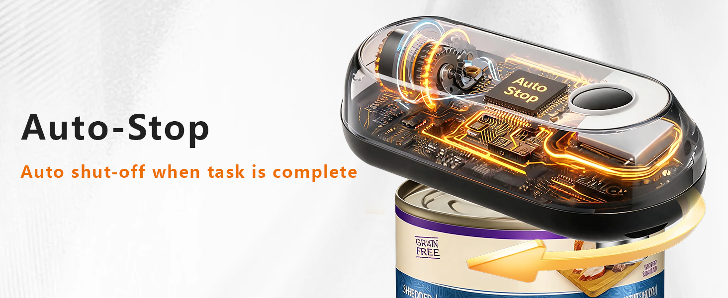 The electric can opener automatically starts opening cans and stops when the lid is fully removed