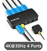 4K HDMI KVM Switch, 4 Port HDMI USB Switch for 4 Computer Share a 4K@30Hz Monitor and 3 USB Devic...