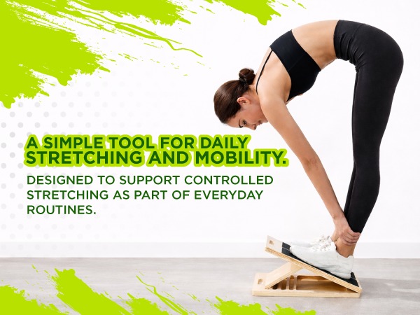 Wooden slant board for calf stretching and physical therapy mobility exercises.