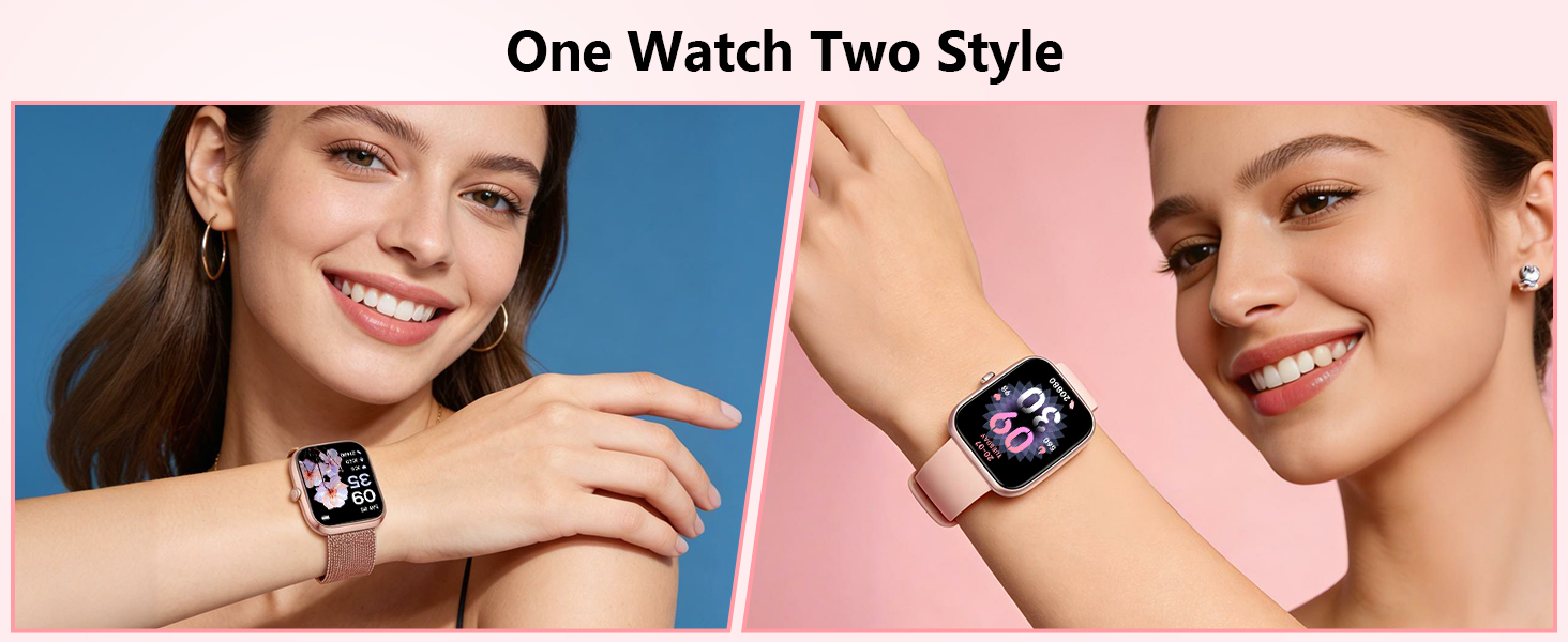 Text reads 'One Watch Two Style'. Series of images showing a smartwatch with interchangeable bands and digital display faces.