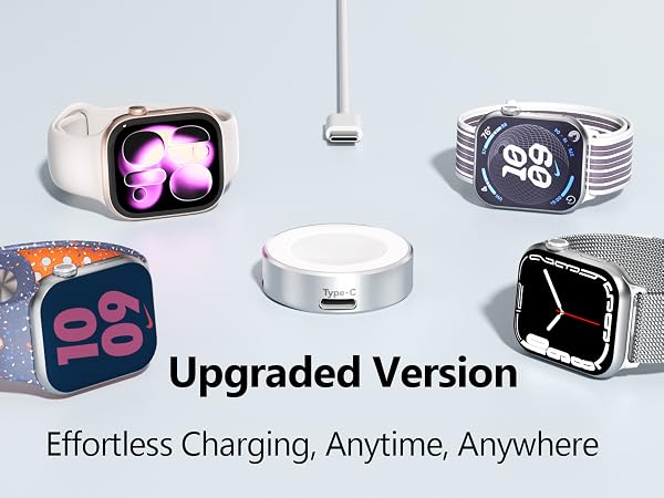 Text reads 'Upgraded Version' and 'Effortless Charging, Anytime, Anywhere'. Display of multiple wireless charging devices with glowing LED indicators in dark and silver finishes.