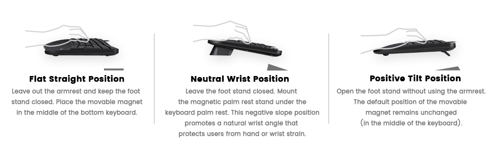 Typing angles can be adjusted to three different typing positions. Negative angle is recommended.