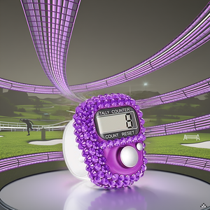 A close-up view of the product resting on a wooden surface, surrounded by golf tees and a few golf b