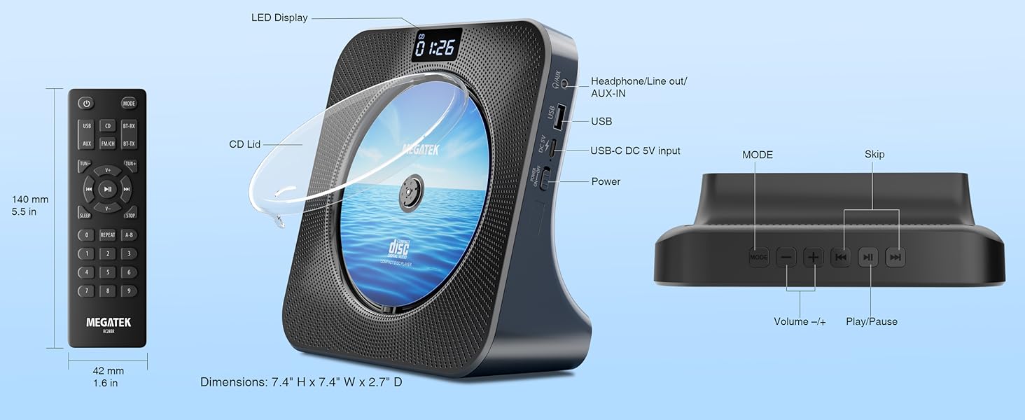 MEGATEK CP28BR Portable CD Player with Compact Desktop Design, Remote Control, On-Unit Keys