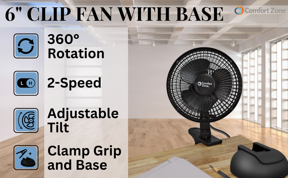 comfort zone portable 6 inch adjustable clip fan with base white black colors 2-speed