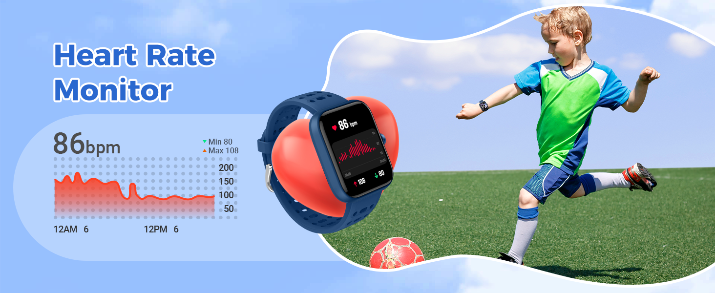Orange and blue smartwatch displaying heart rate monitor function. Graph shows 86bpm. Image includes a child playing soccer on a field.