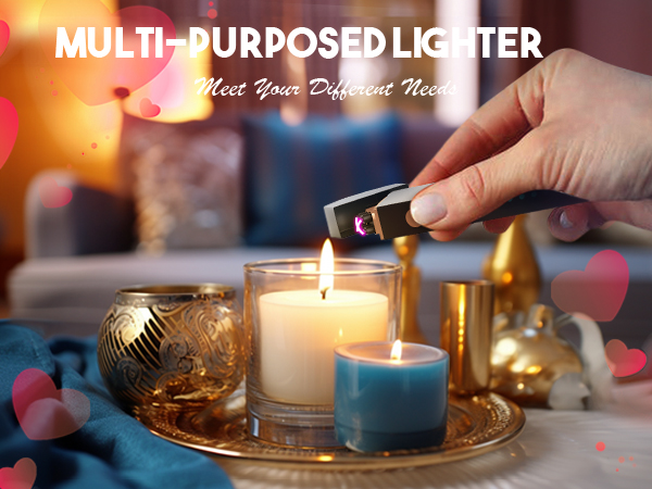 Multi-purpose lighter being used to light various candles arranged on a gold tray, with decorative glass holders and ambient lighting.