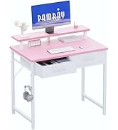 Pamray 32 Inch Small Computer Desk with Monitor Stand Home Office Desks with 2 Drawers for Bedroo...