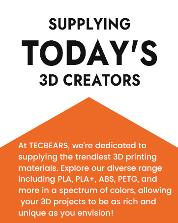 Advertisement for TECBEARS 3D printing materials, offering PLA, PLA+, ABS, PETG, and more in various colors for 3D creators' projects.