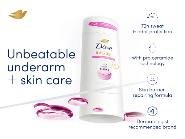 Dove's Invisible Clear Finish antiperspirant stick next to product's benefits &amp; product drops.
