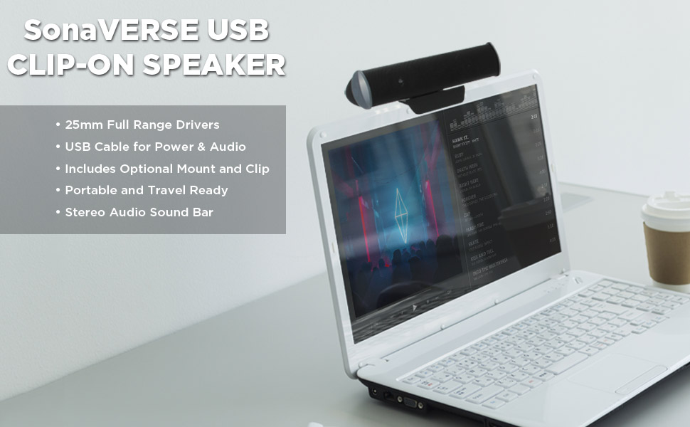 GOgroove SonaVERSE USB Laptop Clip On Speaker with USB Audio Input, Single Cord for Power and Sound