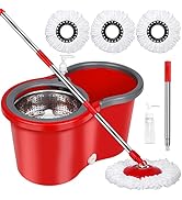 Mop Bucket with 3 Microfiber Replacement Mop Head Refills and Portable Lifting Handle, Stainless ...