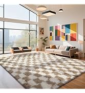Checkered Rug for Living Room, 8x10 Beige and White Area Rugs, Classic Checkered Carpets Shaggy A...