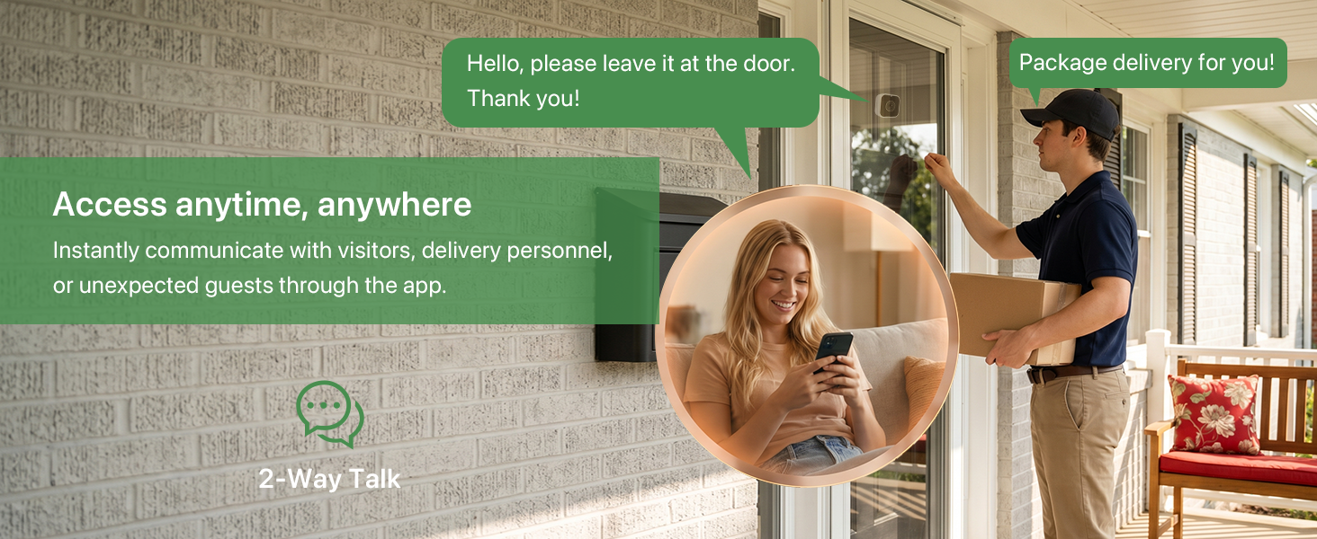 Text reads "HELLO, kindly upload a pic thanks you!" "Access anytime, anywhere." "Intuitive user-friendly interface on unexpected guest through the app." Green banner with person using wooden spinning wheel. Product offers remote accessibility features.
