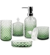 5Pcs Glass Bathroom Accessories Set,Green Vintage Bathroom Accessory Set, Bathroom Counter Sink T...