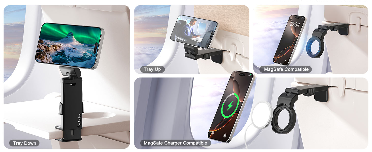 Perilogics travel phone holder for airplane. Clamp on the tray and MagSafe compatible