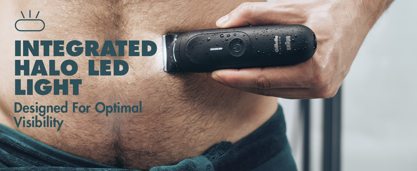 Man shaving belly with Gillette intimate trimmer, now with halo light function