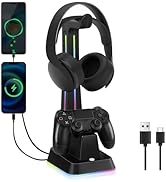 JDGPOKOO PS4 Controller Charger Dock with RGB Headphone Stand, PS4 Controller Charging Station wi...