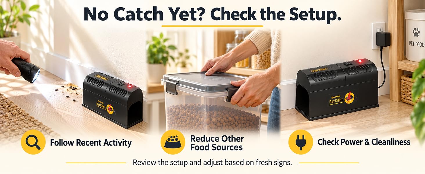 Three setup checks show rodent routes, sealed food containers and trap power and cleanliness.