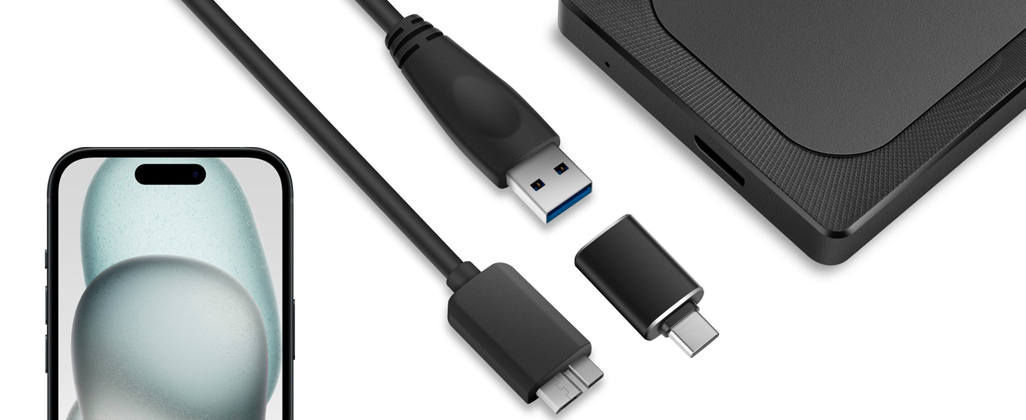 Smartphone accessories including a partial view of a phone, USB cable with multiple connectors, and a black protective case or storage device.