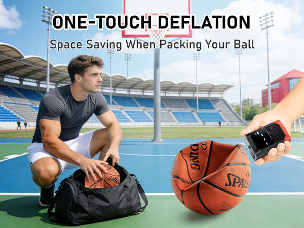 Text reads 'ONE-TOUCH DEFLATION Space Saving When Packing Your Ball'. Image shows sports setting with basketball and gym bag in stadium environment.