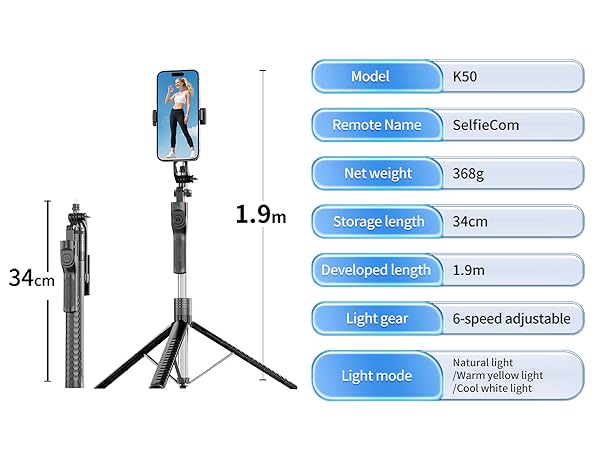 Phone Tripod and Selfie Stick, Tripod with Wireless Compatible with iPhone Android