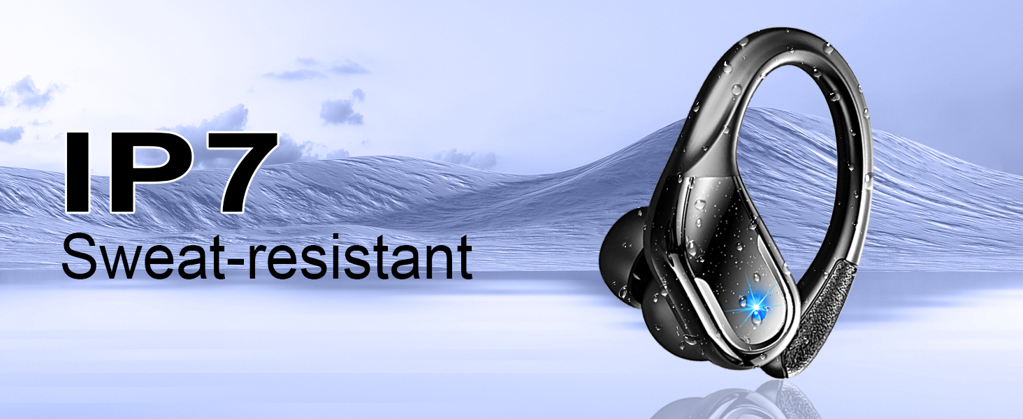 Wireless earbuds with ear hook design, labeled as IP7 sweat-resistant. Black color with blue accent, suitable for sports and active use.