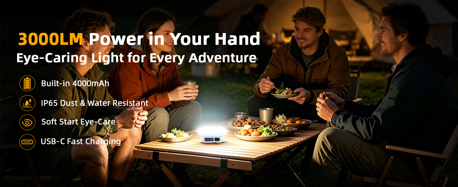 3000LM rechargeable camping lantern on a table at a night campsite with friends dining