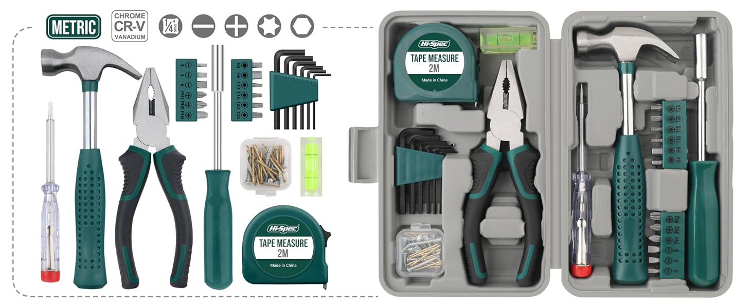 Hi-Spec 13pc Green Small Compact Hand Tool Kit Set for Home &amp;amp;amp; Office DIY
