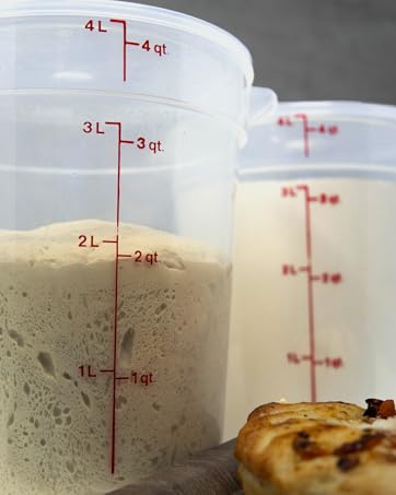 Two 4QT Round containers storing dough and flour