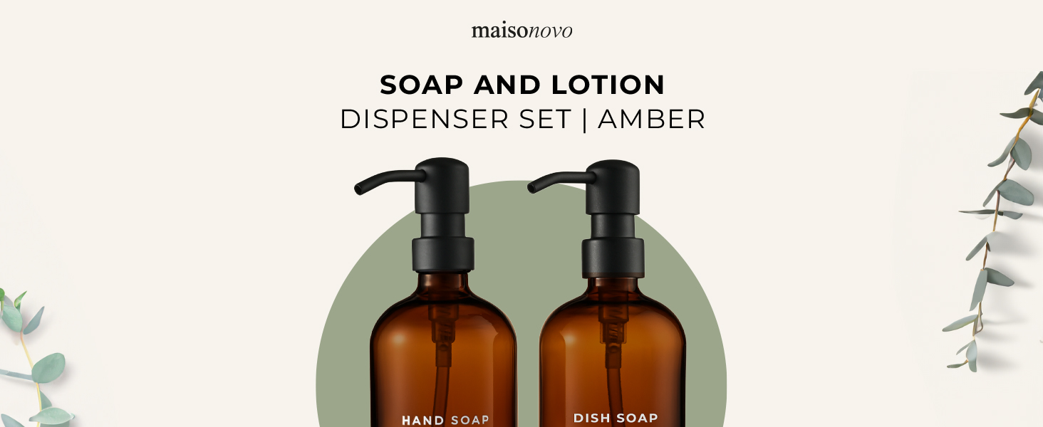 Text reads 'mabotoro SOAP AND LOTION DISPENSER SET AMBER'. Two amber glass pump dispensers displayed on green circular background with botanical leaf illustration.