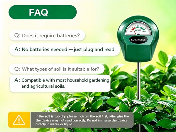 Zoiydals soil moisture meter FAQ with battery-free operation, soil compatibility and usage tips.