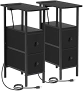 LOAKEKEL Narrow End Tables Living Room Set of 2 with Charging Station, Skinny Side Table with Fab...