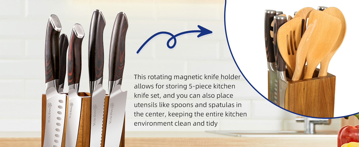 kitchen knife set with a wooden magnetic knife holder