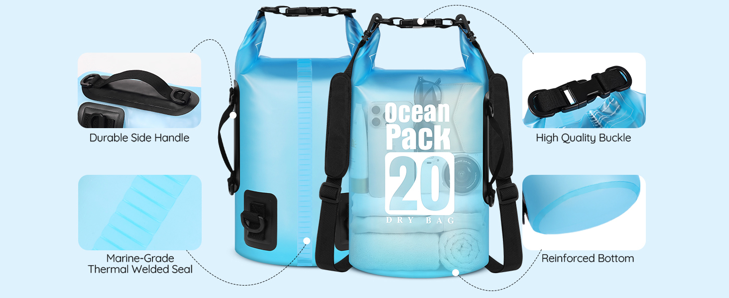 20l dry bag: durable side handle, welded seal, quality buckle, robust bottom